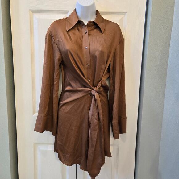 Giani Bini Mina Pebble Crepe Button Front Collar Lg Sleeve Tie Waist Shirt Dress - Picture 1 of 9